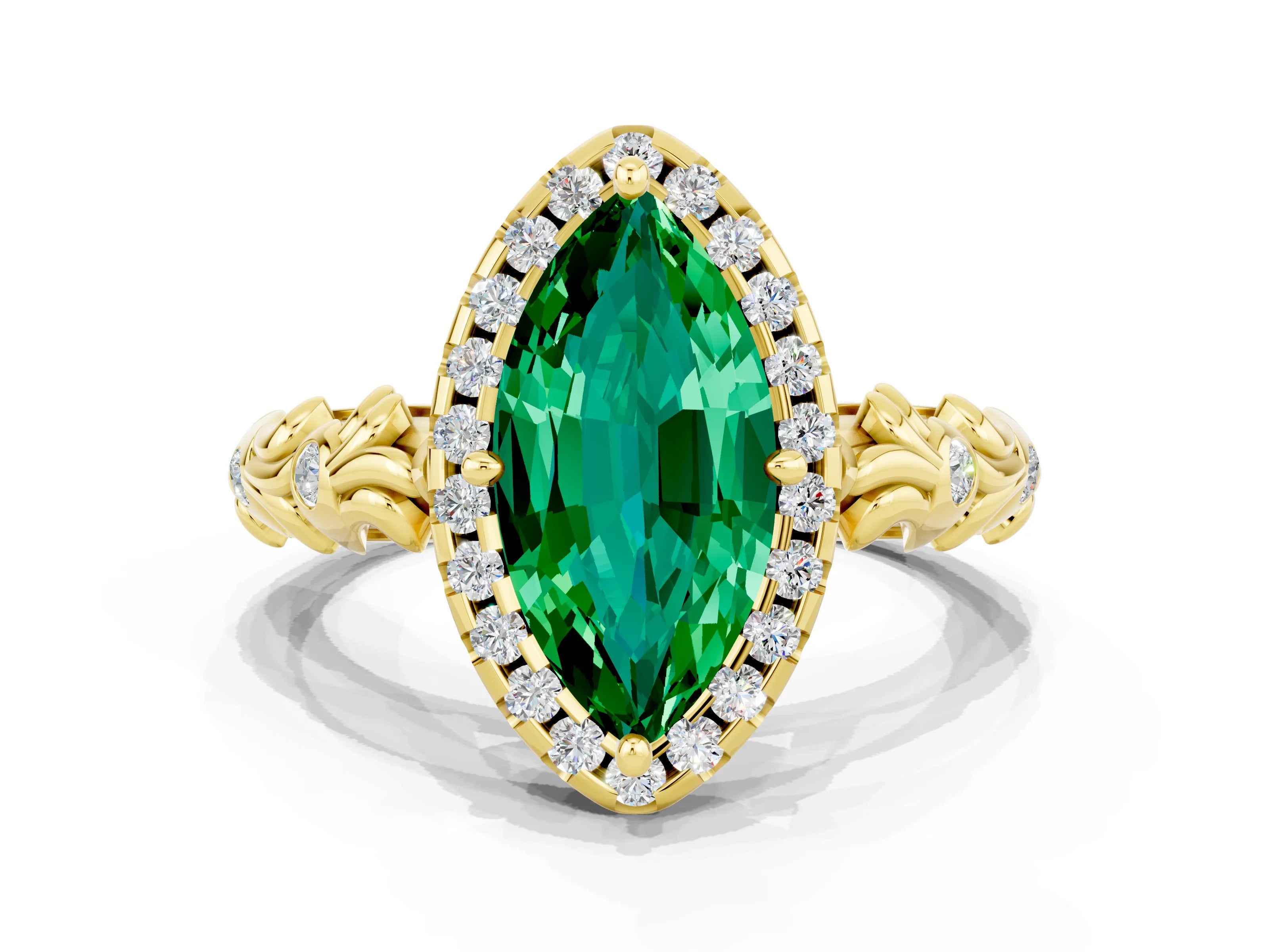 Yellow gold Marquise Cut Halo Diamond Solitaire with Filigree Band and Four-Prong Setting