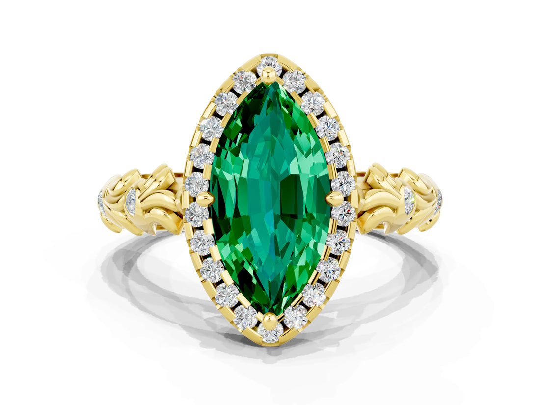 Yellow gold Marquise Cut Halo Diamond Solitaire with Filigree Band and Four-Prong Setting