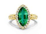 Yellow gold Marquise Cut Halo Diamond Solitaire with Filigree Band and Four-Prong Setting