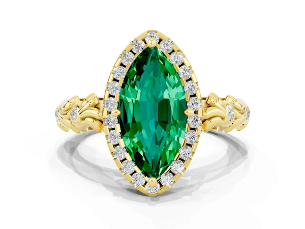 Yellow gold Marquise Cut Emerald Halo Ring with Filigree Band and Prong Setting