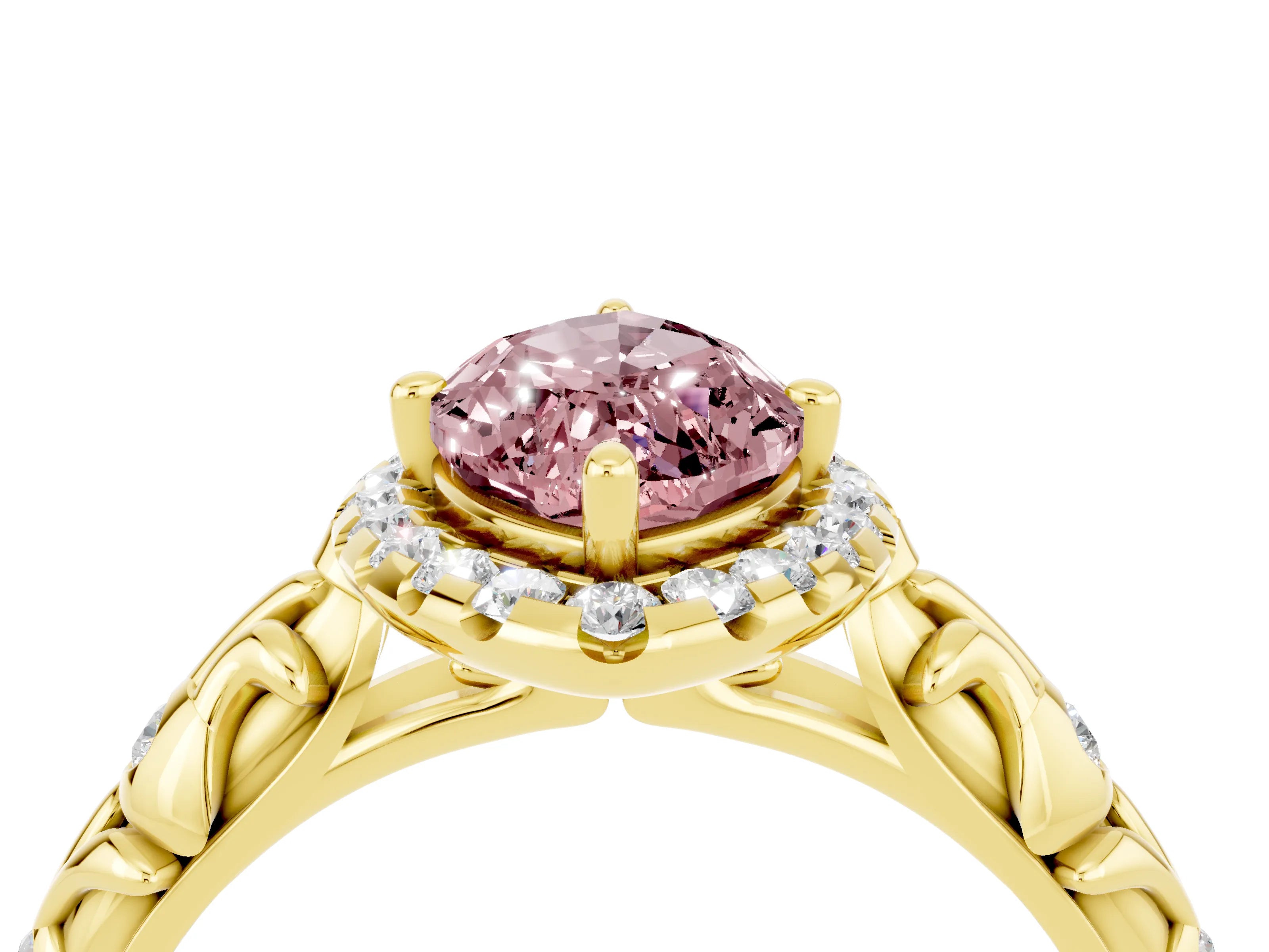 Yellow gold Marquise Cut Halo Diamond Solitaire with Filigree Band and Four-Prong Setting_4