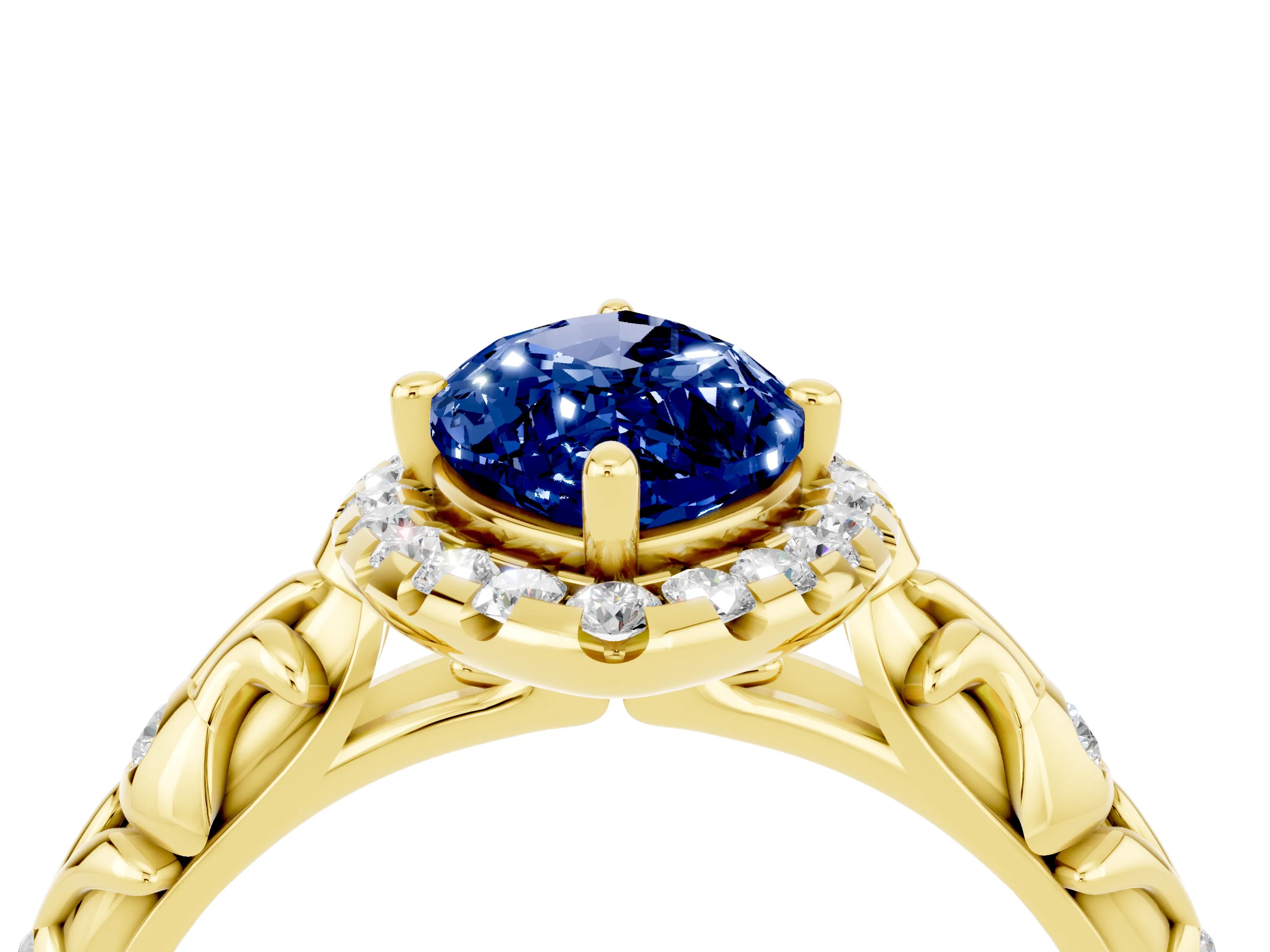 Yellow gold Marquise Cut Halo Diamond Solitaire with Filigree Band and Four-Prong Setting_4
