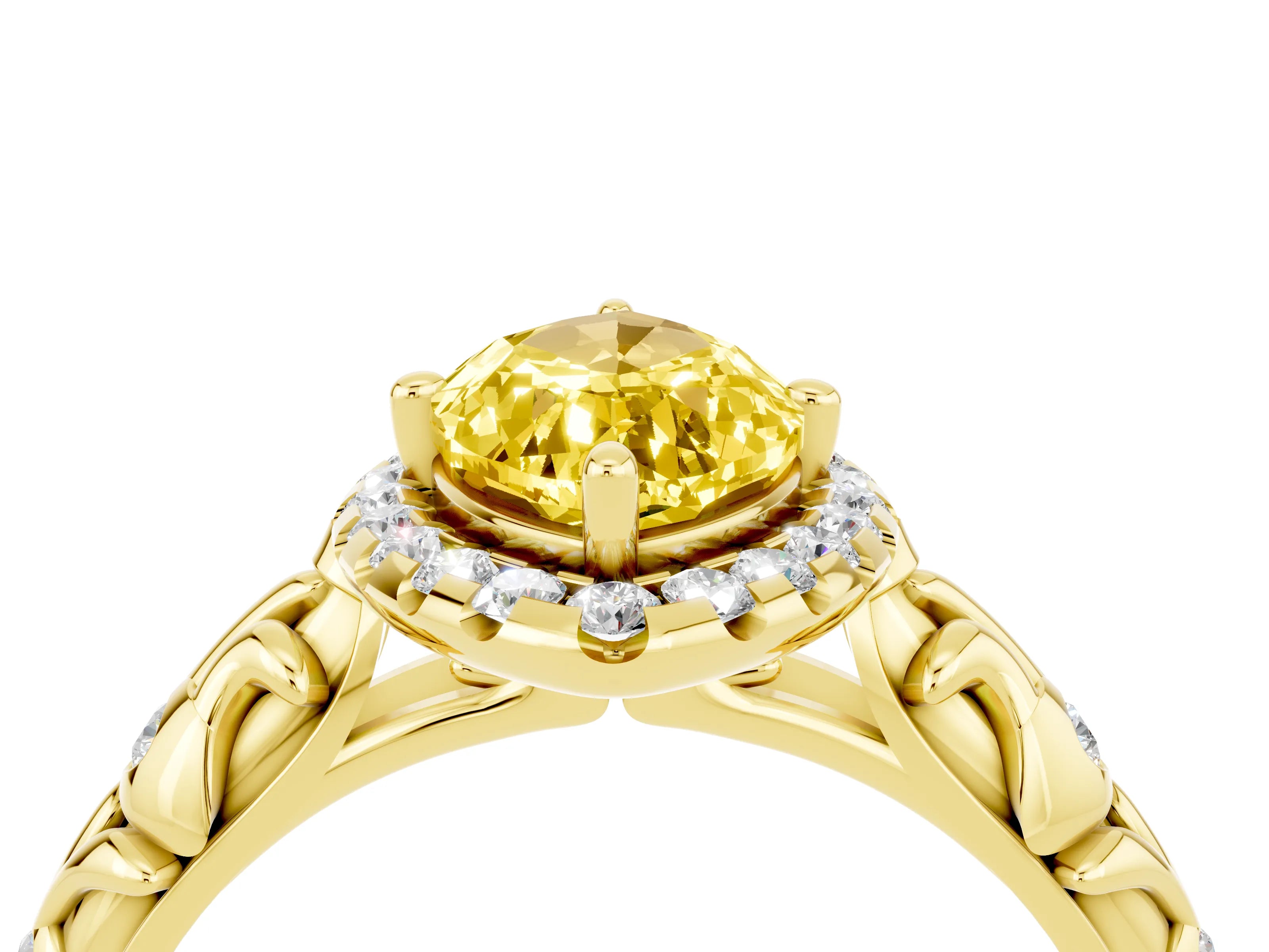 Yellow gold Marquise Cut Halo Diamond Solitaire with Filigree Band and Four-Prong Setting_4