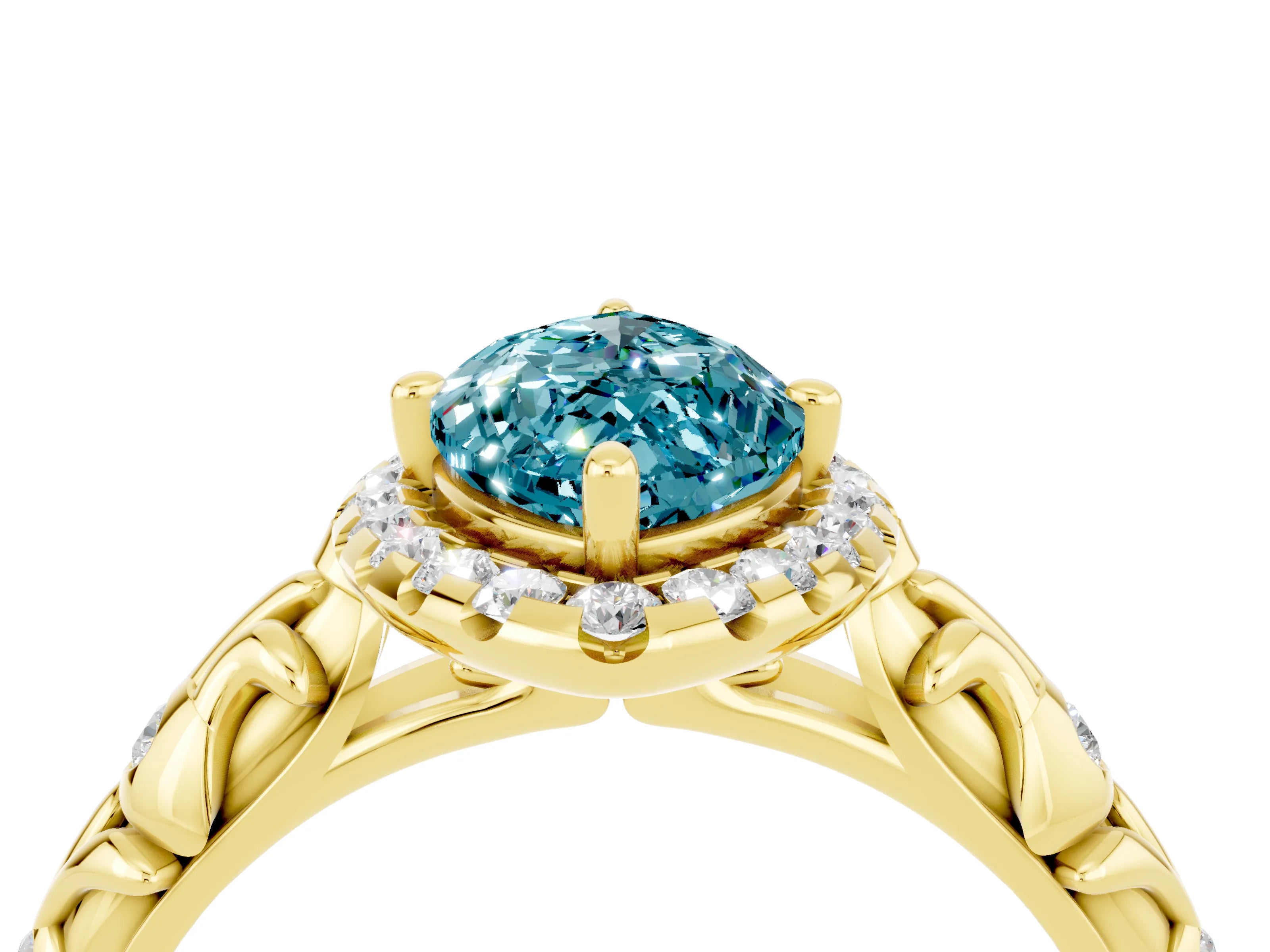 Yellow gold Marquise Cut Halo Diamond Solitaire with Filigree Band and Four-Prong Setting_4