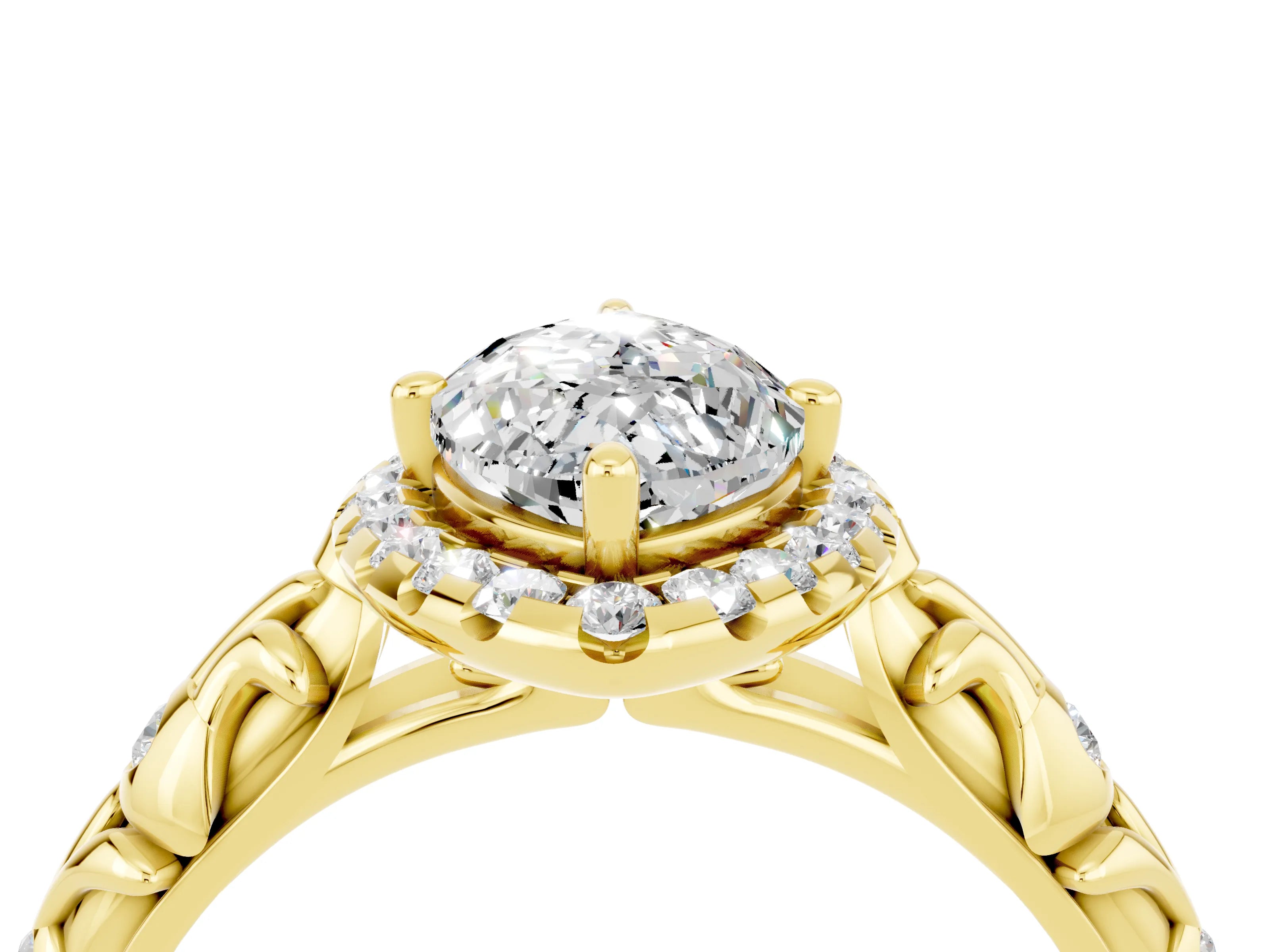 Yellow gold Marquise Cut Halo Diamond Solitaire with Filigree Band and Four-Prong Setting_4