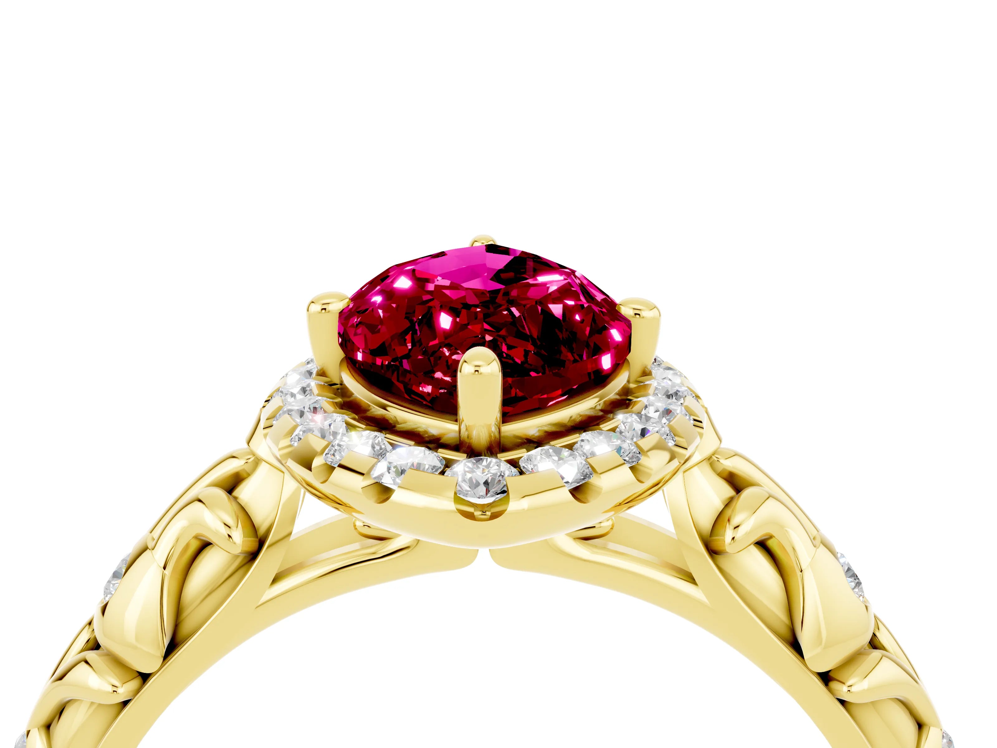 Yellow gold Marquise Cut Halo Diamond Solitaire with Filigree Band and Four-Prong Setting_4