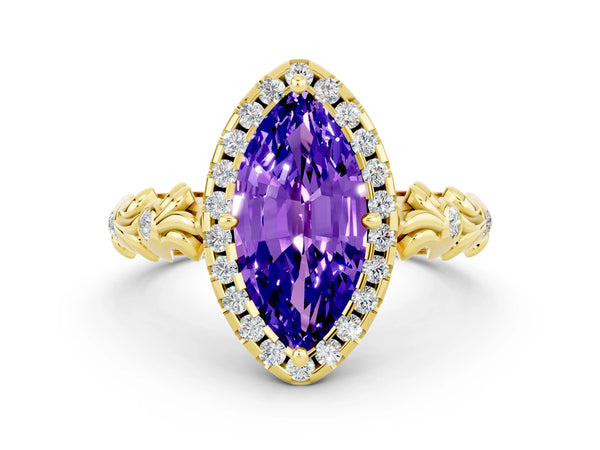Yellow gold Marquise Cut Tanzanite Halo Ring with Filigree Band and Prong Setting