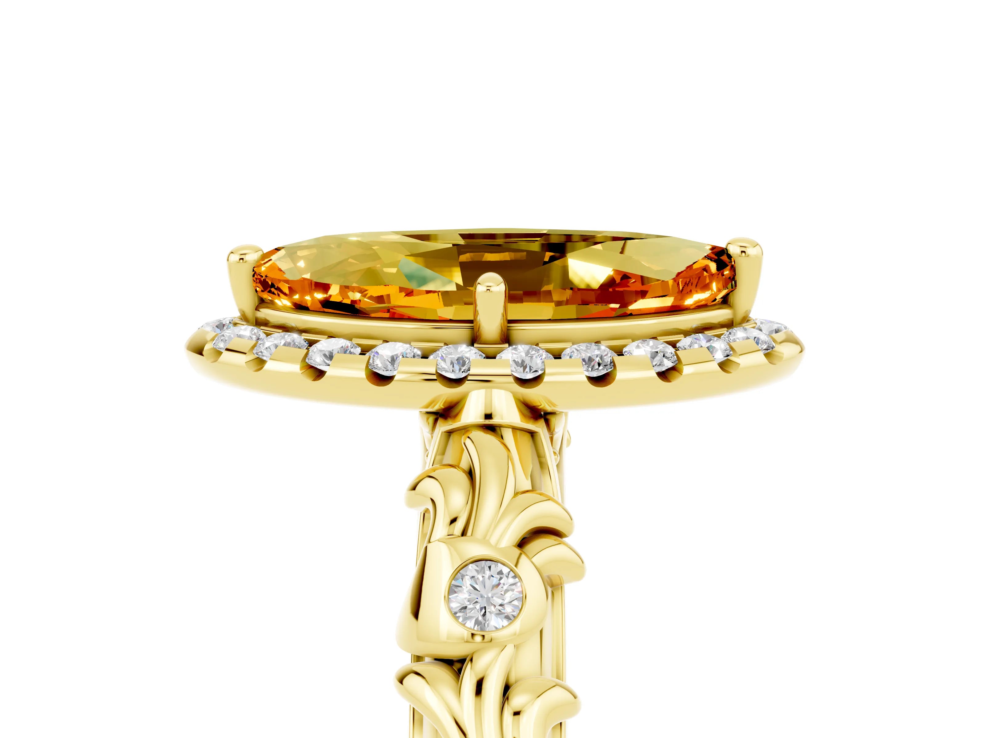 Yellow gold Marquise Cut Halo Diamond Solitaire with Filigree Band and Four-Prong Setting_5