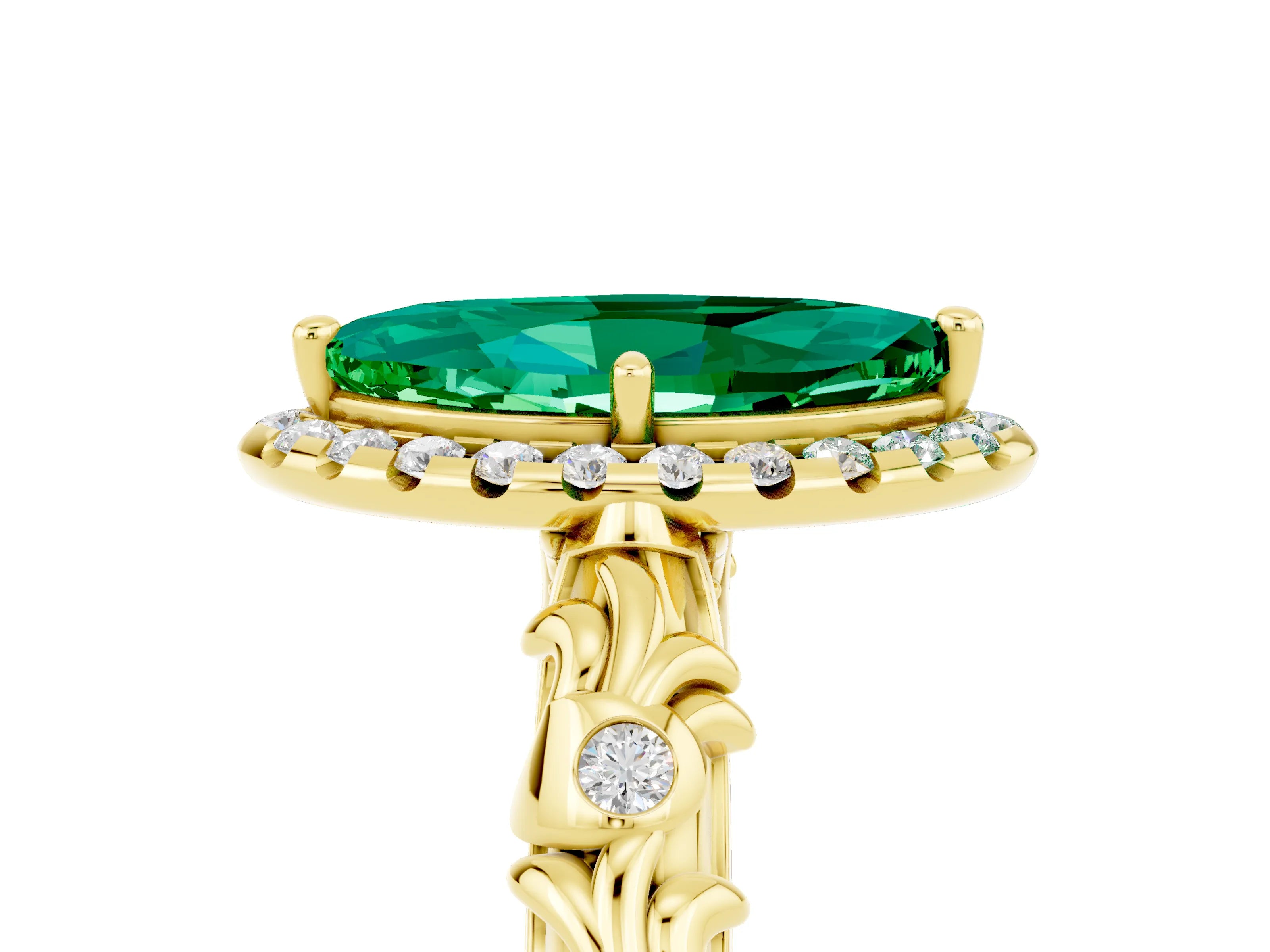 Yellow gold Marquise Cut Halo Diamond Solitaire with Filigree Band and Four-Prong Setting_5