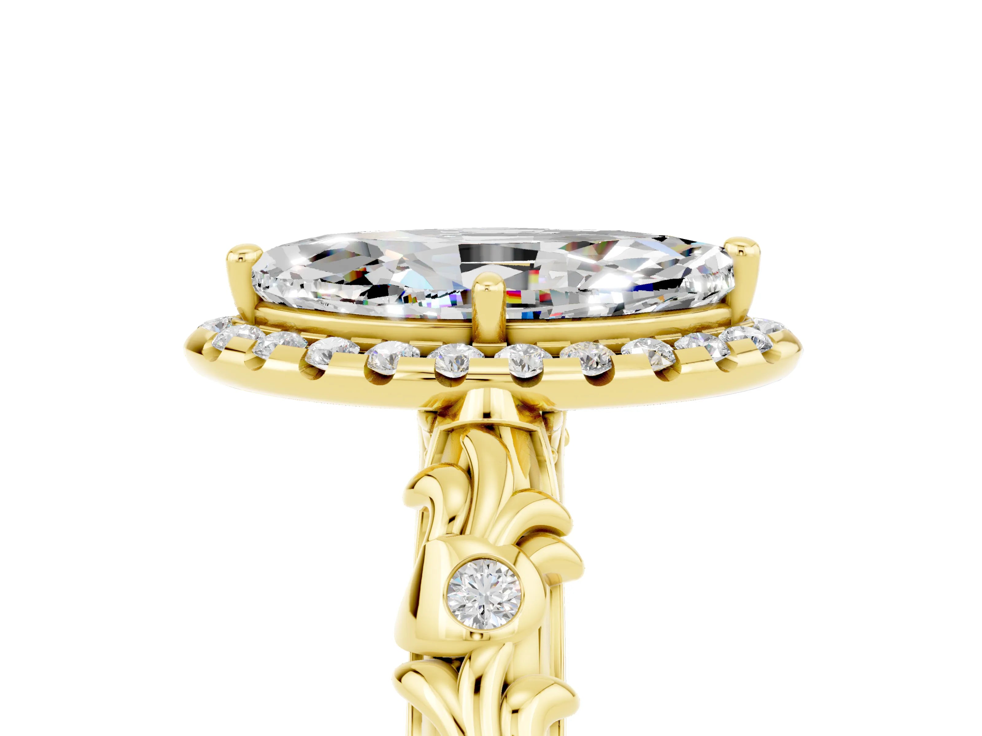 Yellow gold Marquise Cut Halo Diamond Solitaire with Filigree Band and Four-Prong Setting_5