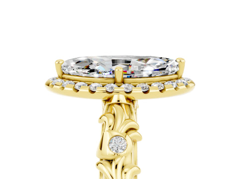 Yellow gold Marquise Cut Halo Diamond Solitaire with Filigree Band and Four-Prong Setting_5