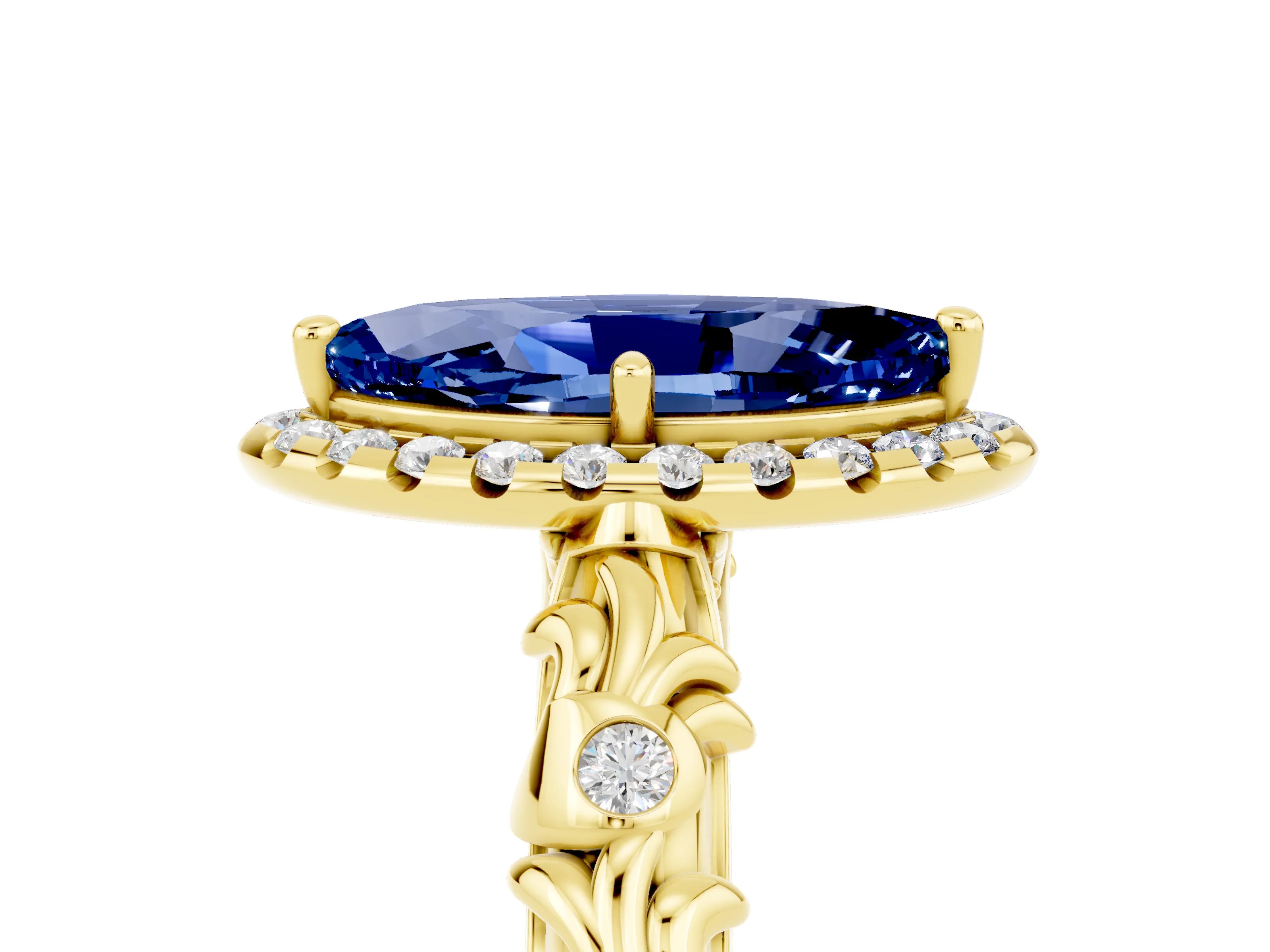 Yellow gold Marquise Cut Halo Diamond Solitaire with Filigree Band and Four-Prong Setting_5