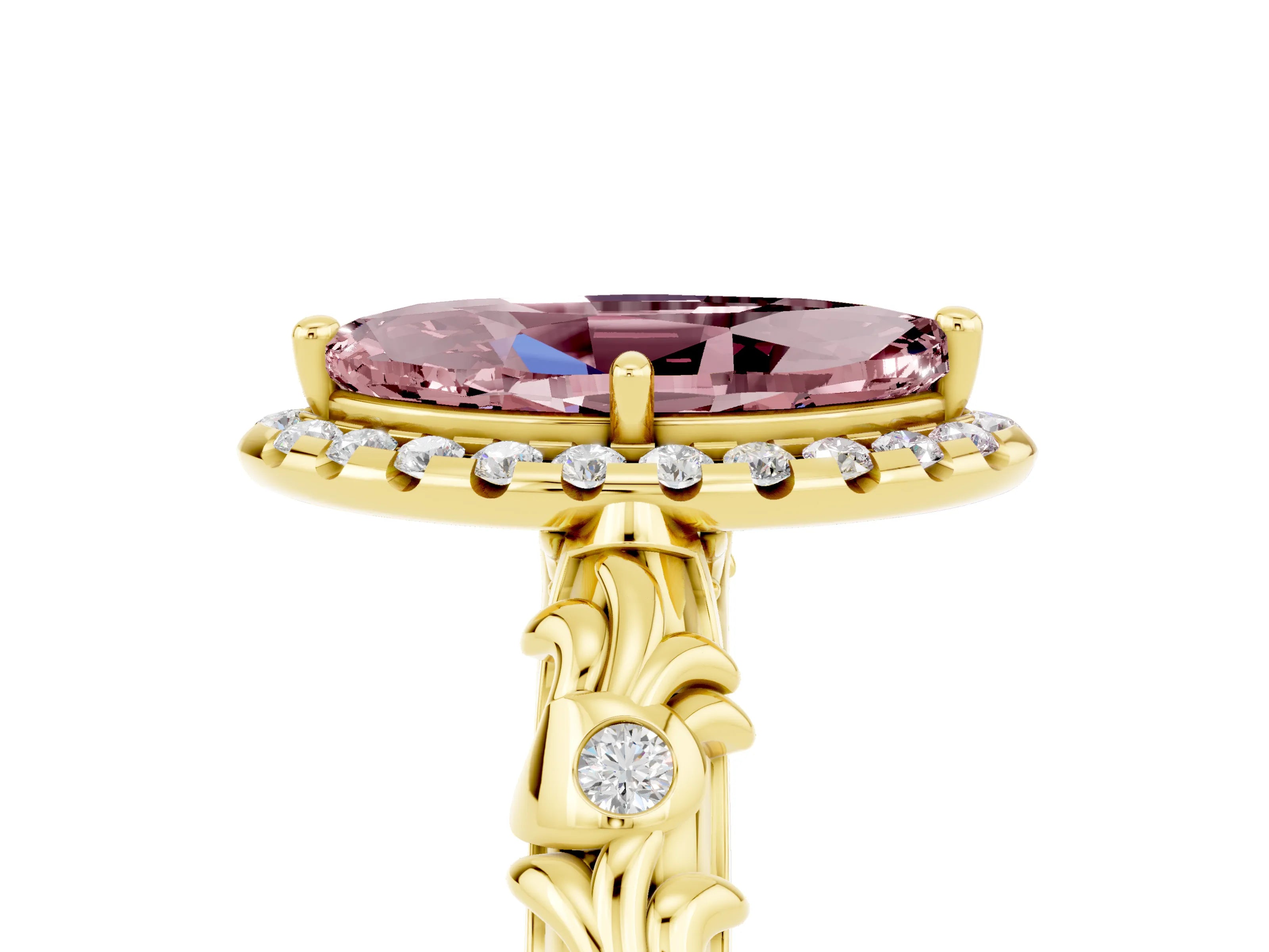 Yellow gold Marquise Cut Halo Diamond Solitaire with Filigree Band and Four-Prong Setting_5