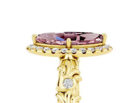 Yellow gold Marquise Cut Halo Diamond Solitaire with Filigree Band and Four-Prong Setting_5