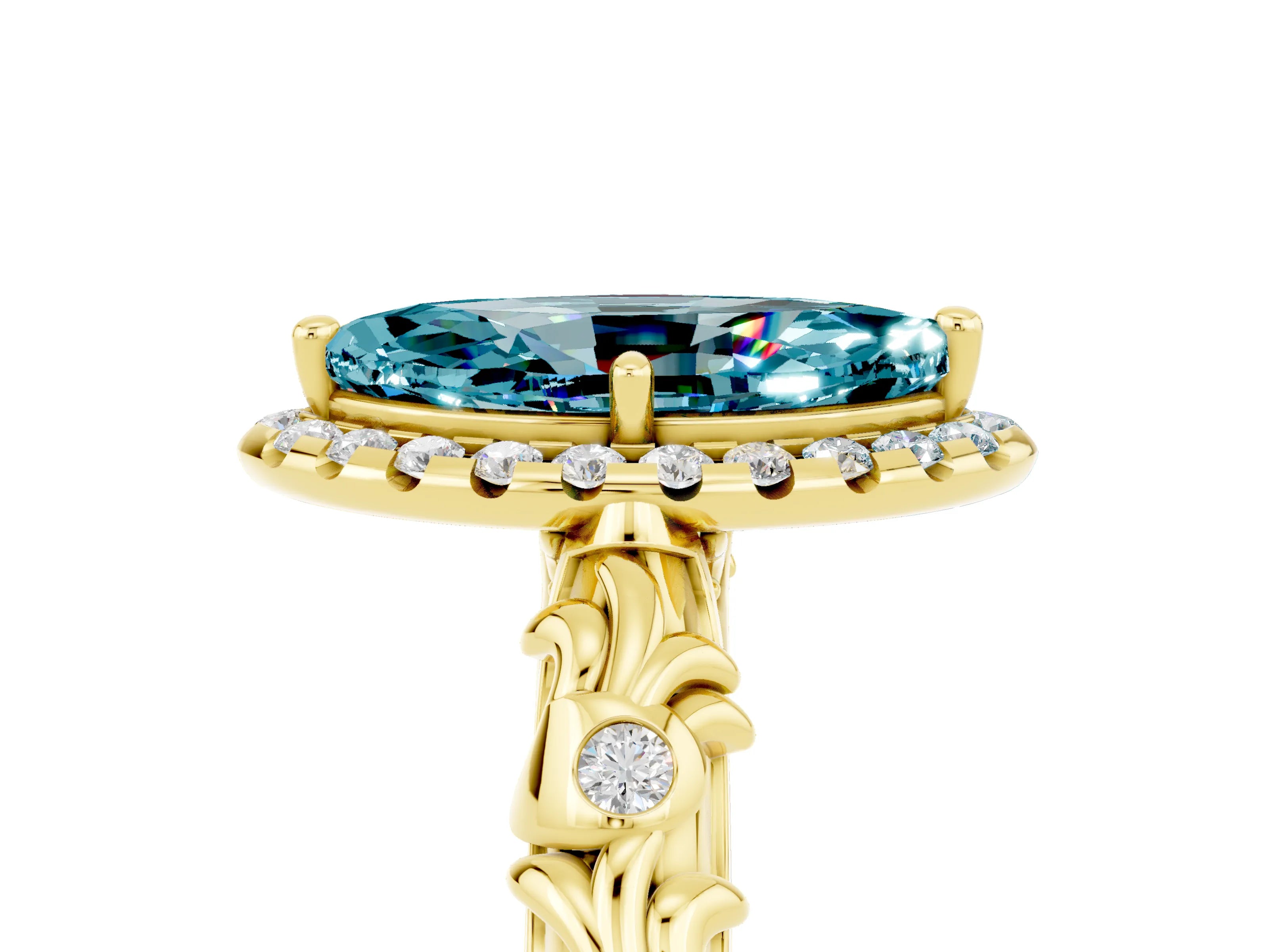 Yellow gold Marquise Cut Halo Diamond Solitaire with Filigree Band and Four-Prong Setting_5