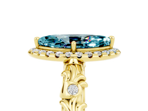 Yellow gold Marquise Cut Halo Diamond Solitaire with Filigree Band and Four-Prong Setting_5