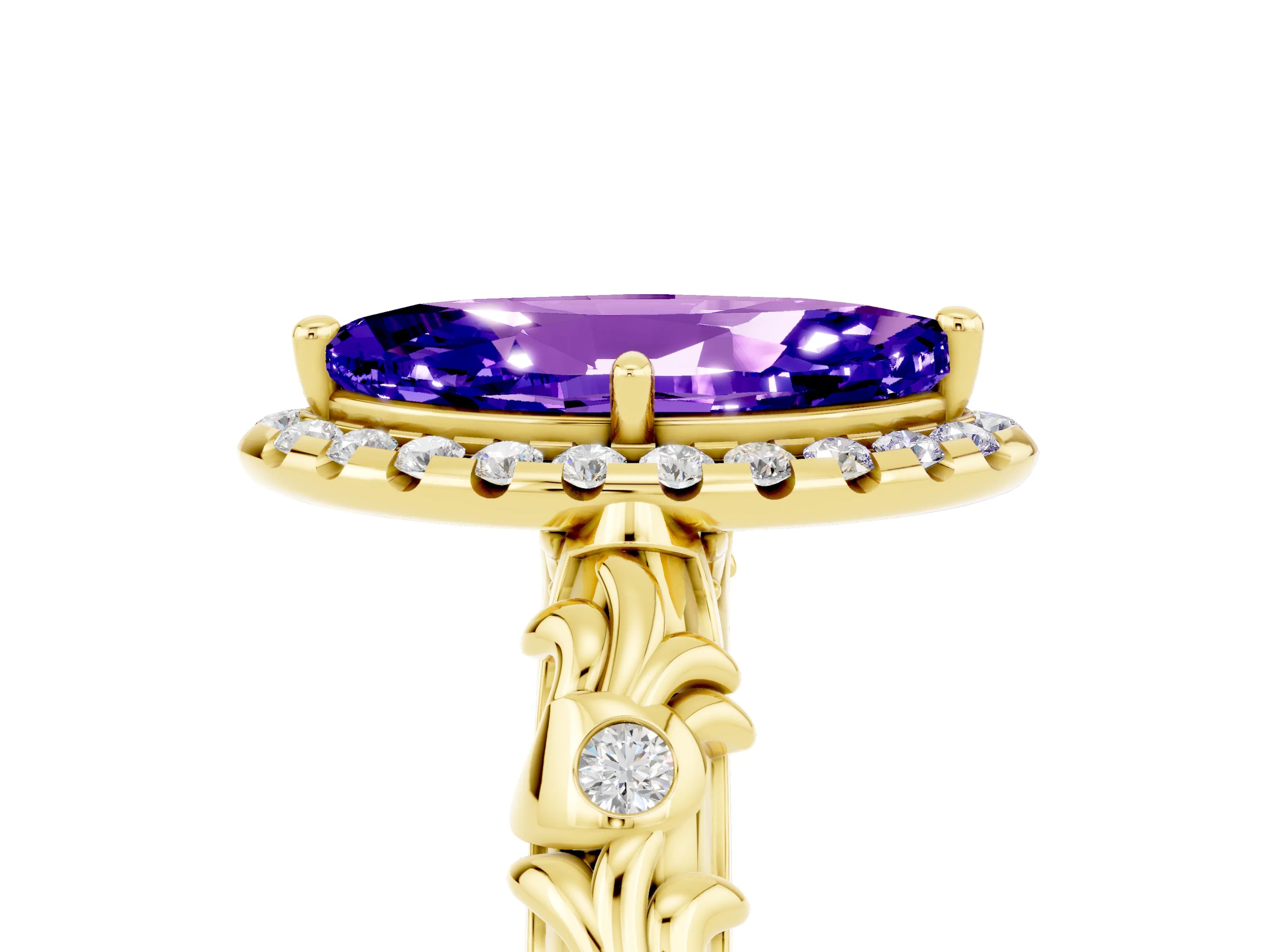 Yellow gold Marquise Cut Halo Diamond Solitaire with Filigree Band and Four-Prong Setting_5