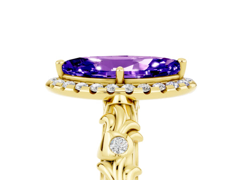 Yellow gold Marquise Cut Halo Diamond Solitaire with Filigree Band and Four-Prong Setting_5
