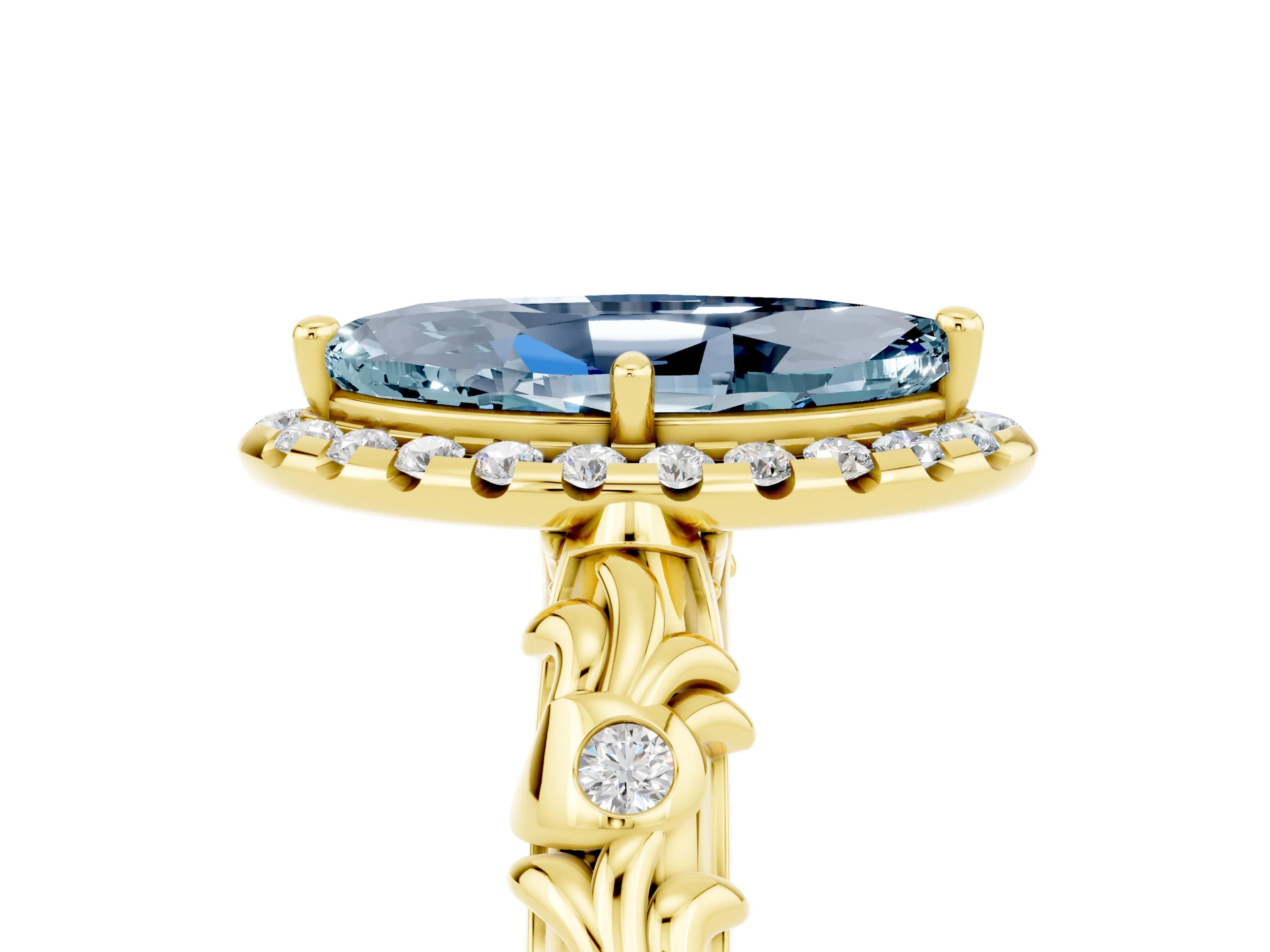 Yellow gold Marquise Cut Halo Diamond Solitaire with Filigree Band and Four-Prong Setting_5