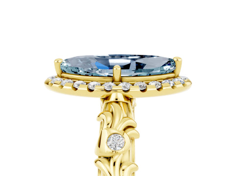 Yellow gold Marquise Cut Halo Diamond Solitaire with Filigree Band and Four-Prong Setting_5