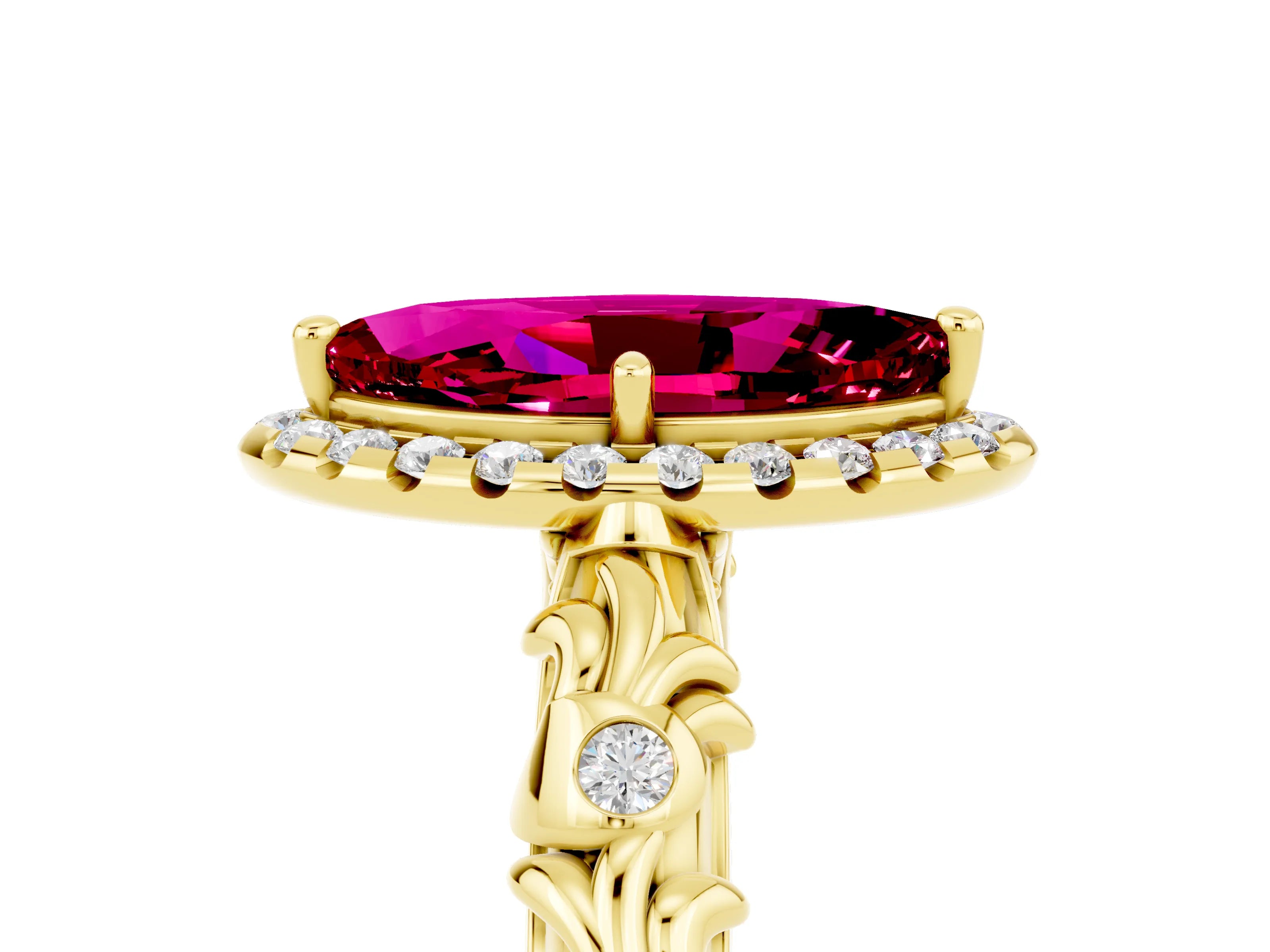 Yellow gold Marquise Cut Halo Diamond Solitaire with Filigree Band and Four-Prong Setting_5