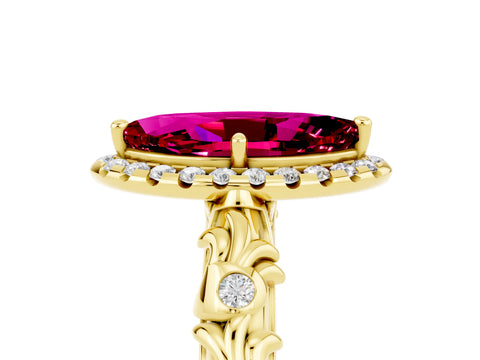 Yellow gold Marquise Cut Halo Diamond Solitaire with Filigree Band and Four-Prong Setting_5