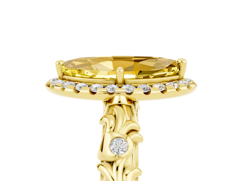 Yellow gold Marquise Cut Halo Diamond Solitaire with Filigree Band and Four-Prong Setting_5