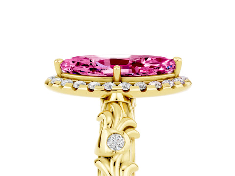 Yellow gold Marquise Cut Halo Diamond Solitaire with Filigree Band and Four-Prong Setting_5
