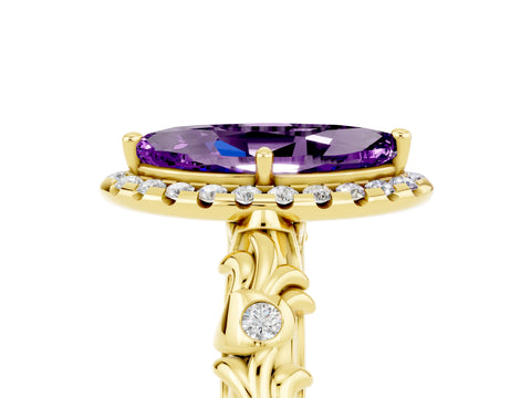 Yellow gold Marquise Cut Halo Diamond Solitaire with Filigree Band and Four-Prong Setting_5