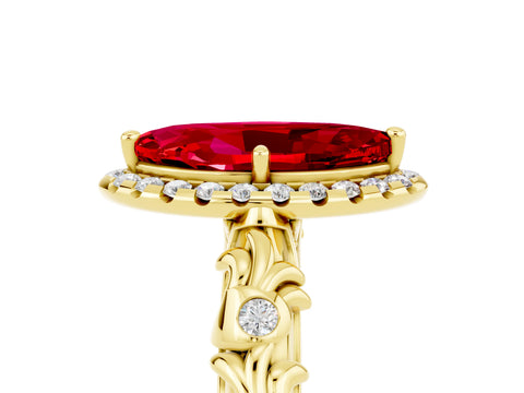 Yellow gold Marquise Cut Halo Diamond Solitaire with Filigree Band and Four-Prong Setting_5