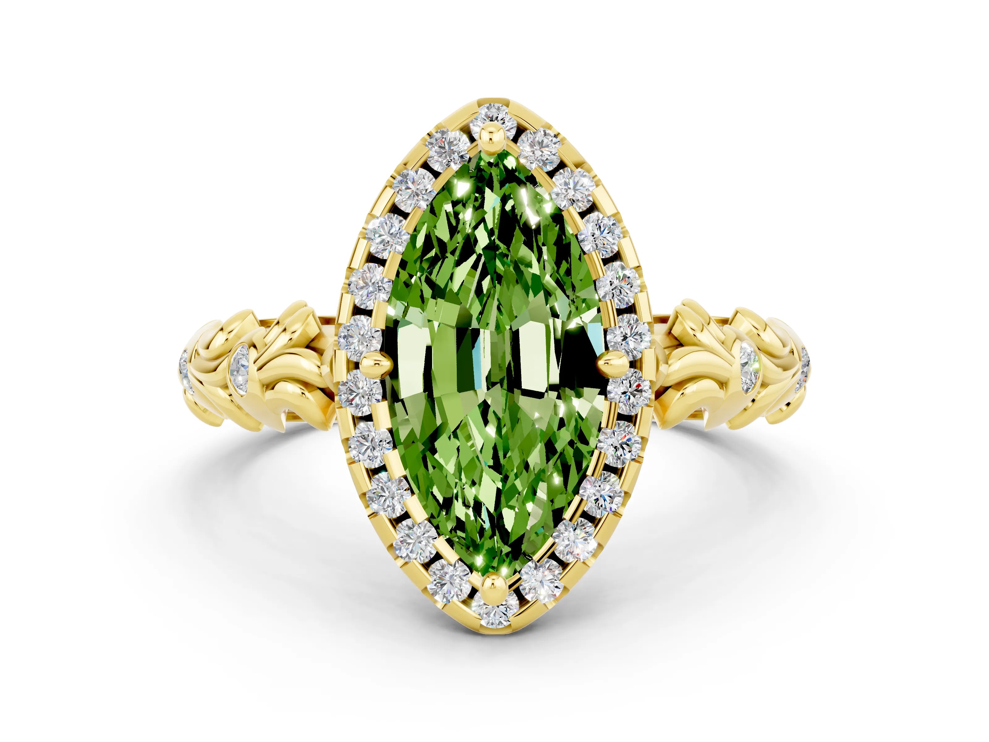 Yellow gold Marquise Cut Halo Diamond Solitaire with Filigree Band and Four-Prong Setting