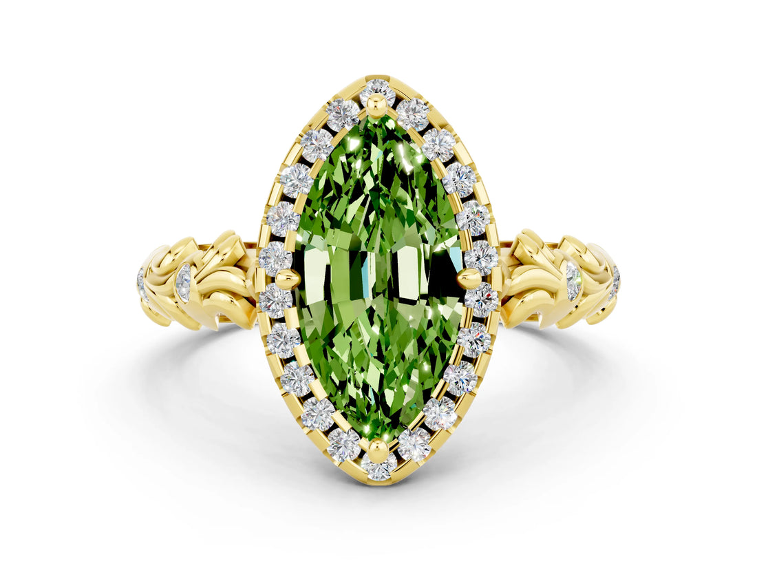 Yellow gold Marquise Cut Halo Diamond Solitaire with Filigree Band and Four-Prong Setting
