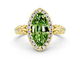 Yellow gold Marquise Cut Halo Diamond Solitaire with Filigree Band and Four-Prong Setting