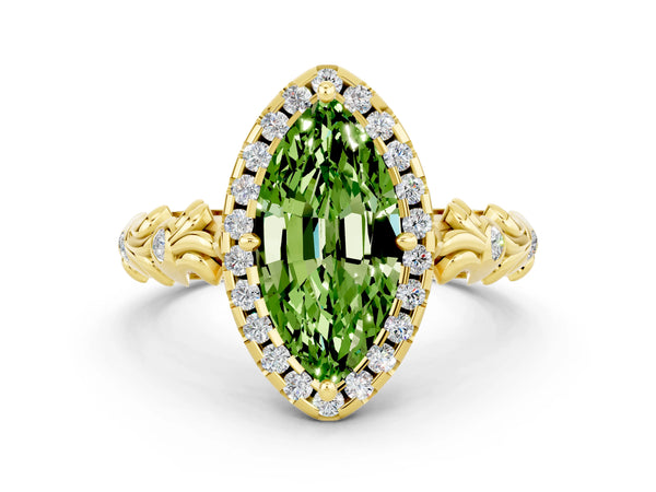 Yellow gold Marquise Cut Peridot Halo Ring with Filigree Band and Prong Setting
