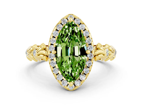 Yellow gold Marquise Cut Halo Diamond Solitaire with Filigree Band and Four-Prong Setting