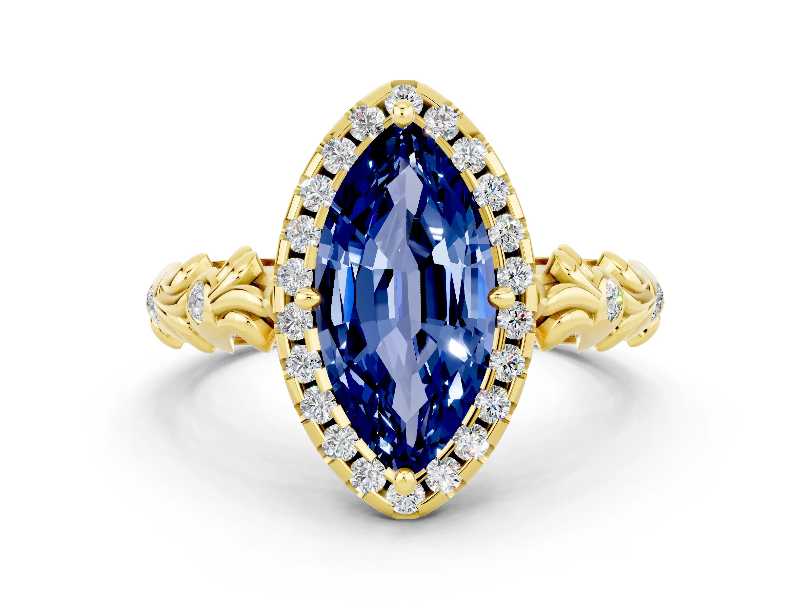 Yellow gold Marquise Cut Halo Diamond Solitaire with Filigree Band and Four-Prong Setting