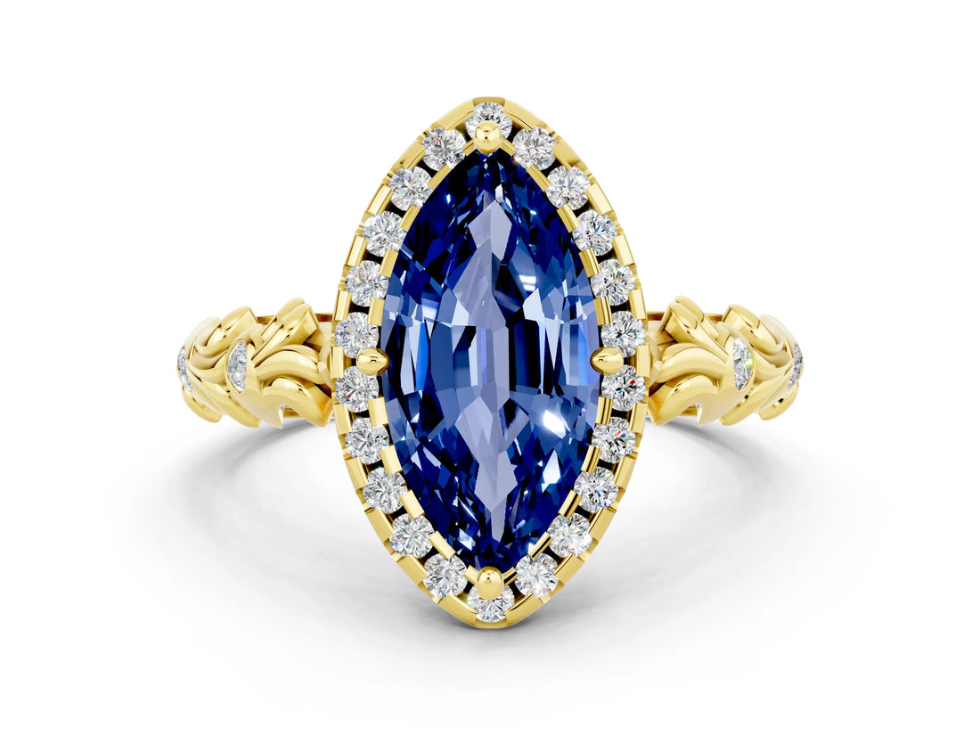 Yellow gold Marquise Cut Halo Diamond Solitaire with Filigree Band and Four-Prong Setting