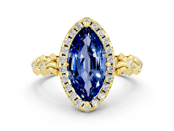 Yellow gold Marquise Cut Blue Sapphire Halo Ring with Filigree Band and Prong Setting