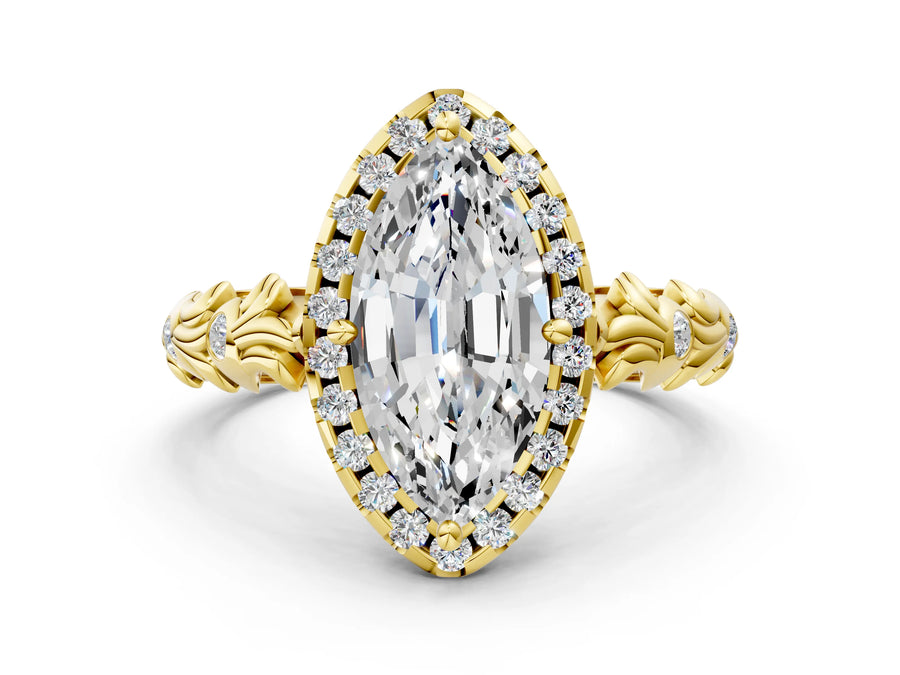 Yellow gold Marquise Cut Halo Diamond Solitaire with Filigree Band and Four-Prong Setting