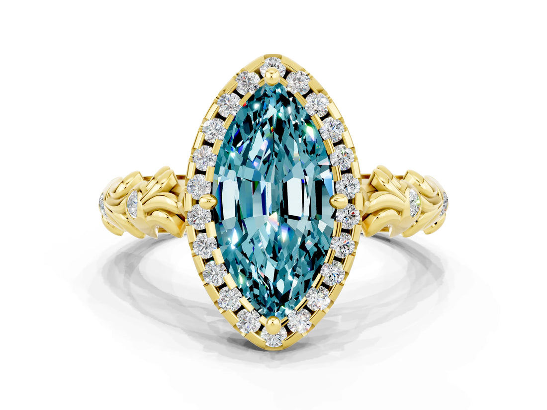 Yellow gold Marquise Cut Halo Diamond Solitaire with Filigree Band and Four-Prong Setting