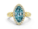 Yellow gold Marquise Cut Halo Diamond Solitaire with Filigree Band and Four-Prong Setting