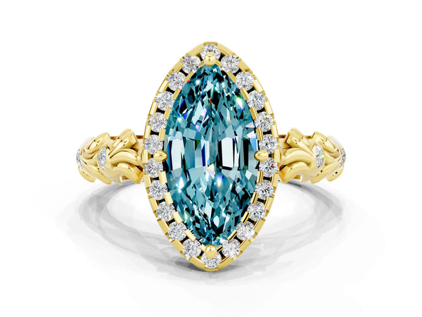 Yellow gold Marquise Cut Halo Diamond Solitaire with Filigree Band and Four-Prong Setting