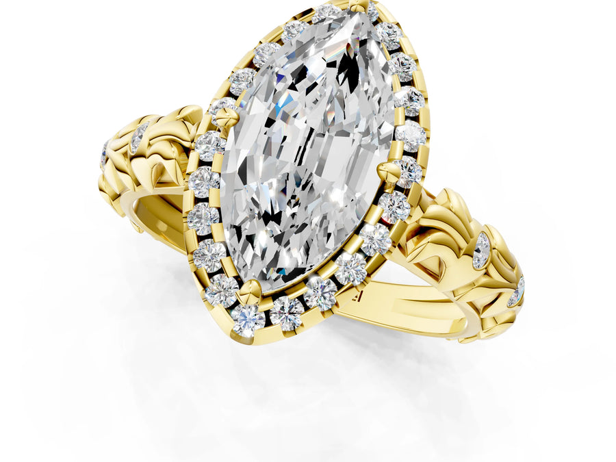 Yellow gold Marquise Cut Halo Diamond Solitaire with Filigree Band and Four-Prong Setting