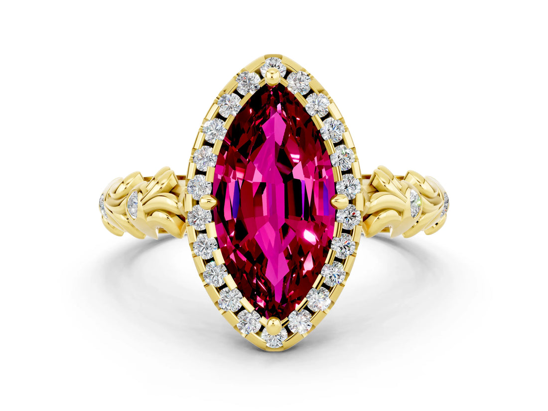 Yellow gold Marquise Cut Halo Diamond Solitaire with Filigree Band and Four-Prong Setting
