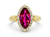 Yellow gold Marquise Cut Halo Diamond Solitaire with Filigree Band and Four-Prong Setting