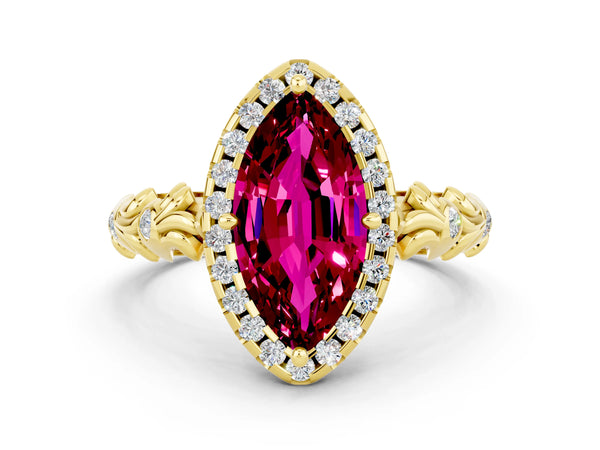 Yellow gold Marquise Cut Garnet Halo Ring with Filigree Band and Prong Setting
