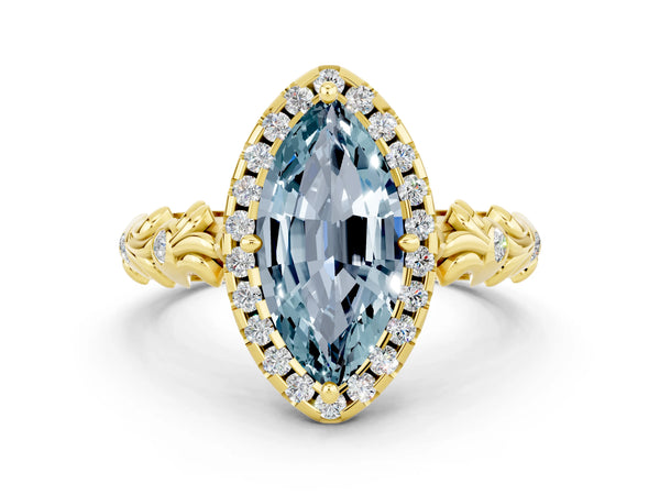 Yellow gold Marquise Cut Aquamarine Halo Ring with Filigree Band and Prong Setting