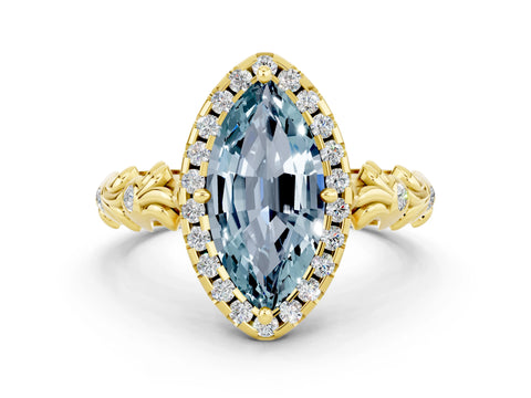Yellow gold Marquise Cut Halo Diamond Solitaire with Filigree Band and Four-Prong Setting
