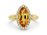 Yellow gold Marquise Cut Halo Diamond Solitaire with Filigree Band and Four-Prong Setting