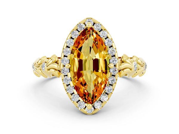 Yellow gold Marquise Cut Citrine Halo Ring with Filigree Band and Prong Setting